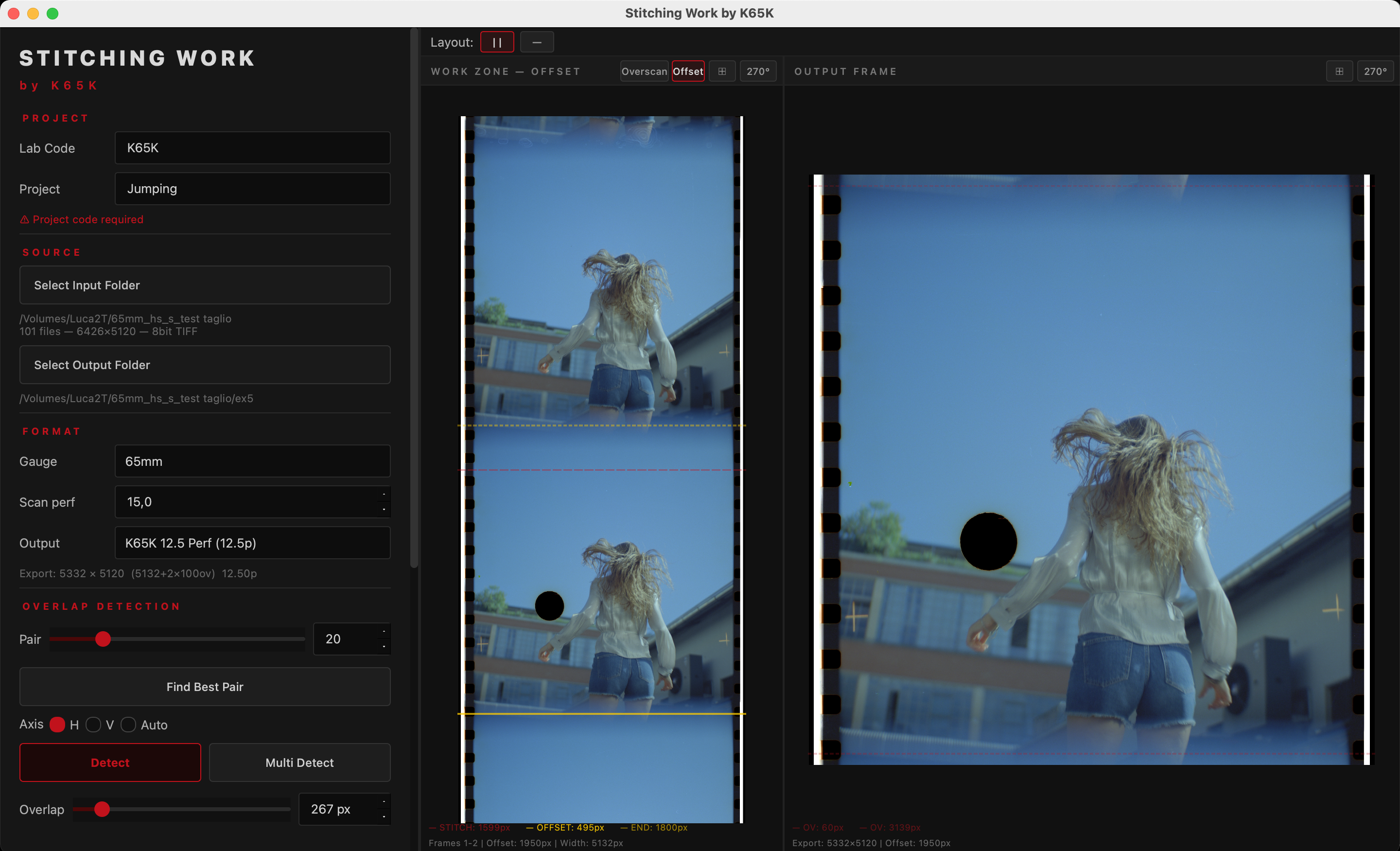 Stitching Work by K65K — application interface showing 65mm frame stitching with overlap detection